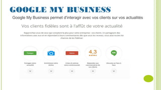GOOGLE MY BUSINESS
Google My Business permet d'interagir avec vos clients sur vos actualités
 