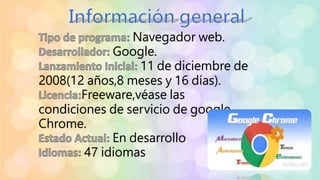 Navegador web.
Google.
11 de diciembre de
2008(12 años,8 meses y 16 días).
Freeware,véase las
condiciones de servicio de google
Chrome.
En desarrollo
47 idiomas
 