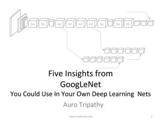 Five	Insights	from		
GoogLeNet		
You	Could	Use	In	Your	Own	Deep	Learning		Nets	
Auro	Tripathy	
3b 4a 4b 4c 4d 4e 5a3a 5b
www.shaBerline.com	 1	
 