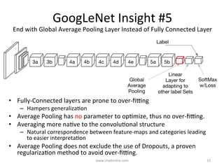 GoogLeNet	Insight	#3	
Stack	IncepKon	Modules	Upon	Each	Other	
•  Occasionally	insert	max-pooling	layers	with	stride	2	to	
decimate	(by	half)	the	resoluKon	of	the	grid.	
•  Stacking	IncepKon	Layers	beneﬁts	the	results	when	
used	at	higher	layers	(not	strictly	necessary)	
–  Lower	layers	are	kept	in	tradiKonal	convoluKons	fashion	
(for	memory	eﬃciency	reasons)	
•  This	stacking	allows	for	tweaking	each	module	without	
uncontrolled	blowup	in	computaKonal	complexity	at	
later	stages.	
–  For	example,	a	tweak	could	be	increase	width	at	any	stage.		
www.shaBerline.com	 15	
 