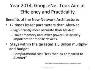Year	2014,	GoogLeNet	Took	Aim	at	
Eﬃciency	and	PracKcality	
	Resultant	beneﬁts	of	the	new	architecture:	
•  12	Kmes	lesser	parameters	than	AlexNet		
– Signiﬁcantly	more	accurate	than	AlexNet	
– Lower	memory-use	and	lower	power-use	acutely	
important	for	mobile	devices.	
•  	Stays	within	the	targeted	1.5	Billion	mulKply-
add	budget	
– ComputaKonal	cost	“less	than	2X	compared	to	
AlexNet”	
hBp://www.youtube.com/watch?v=ySrj_G5gHWI&t=12m42s	
www.shaBerline.com	 6	
 