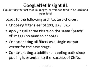 Introducing	the	IncepKon	Module	
www.shaBerline.com	 7	
1x1
5x5
3x3
1x1
3x3 Max
Pooling
Previous
Layer
Concatenate
 
