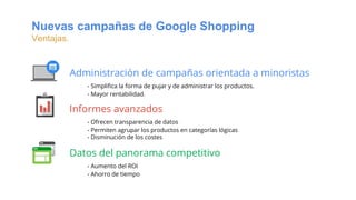 Administración de campañas orientada a minoristas
- Simplifica la forma de pujar y de administrar los productos.
- Mayor rentabilidad.
Informes avanzados
- Ofrecen transparencia de datos
- Permiten agrupar los productos en categorías lógicas
- Disminución de los costes
Datos del panorama competitivo
- Aumento del ROI
- Ahorro de tiempo
Nuevas campañas de Google Shopping
Ventajas.
 