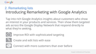 Google Confidential and Proprietary
2. Remarketing lists
Introducing Remarketing with Google Analytics
Tap into rich Google Analytics insights about customers who show
an interest in your products and services. Then show them targeted
ads across the Google Display Network that respond directly to
what they’re seeking.
Improve ROI with sophisticated targeting
Create and edit lists with ease
Connect with more customers than ever before
 