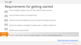 Google Confidential and ProprietaryGoogle Confidential and Proprietary
Active Google Analytics Account with Administrator access
Use the latest version of Analytics (v5)
At least one active AdWords account linked to Analytics account
One-time update to Analytics tracking code - modify a single line
Update your privacy policy
Find it in the Admin tab of Google Analytics: Click on “Remarketing Lists”
Read the step-by-step guide
Requirements for getting started
find it
now
1
2
3
4
5
 