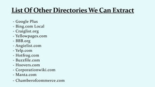 - Google Plus
- Bing.com Local
- Craiglist.org
- Yellowpages.com
- BBB.org
- Angielist.com
- Yelp.com
- Hotfrog.com
- Buzzfile.com
- Hoovers.com
- Corporationwiki.com
- Manta.com
- Chamberofcommerce.com
 
