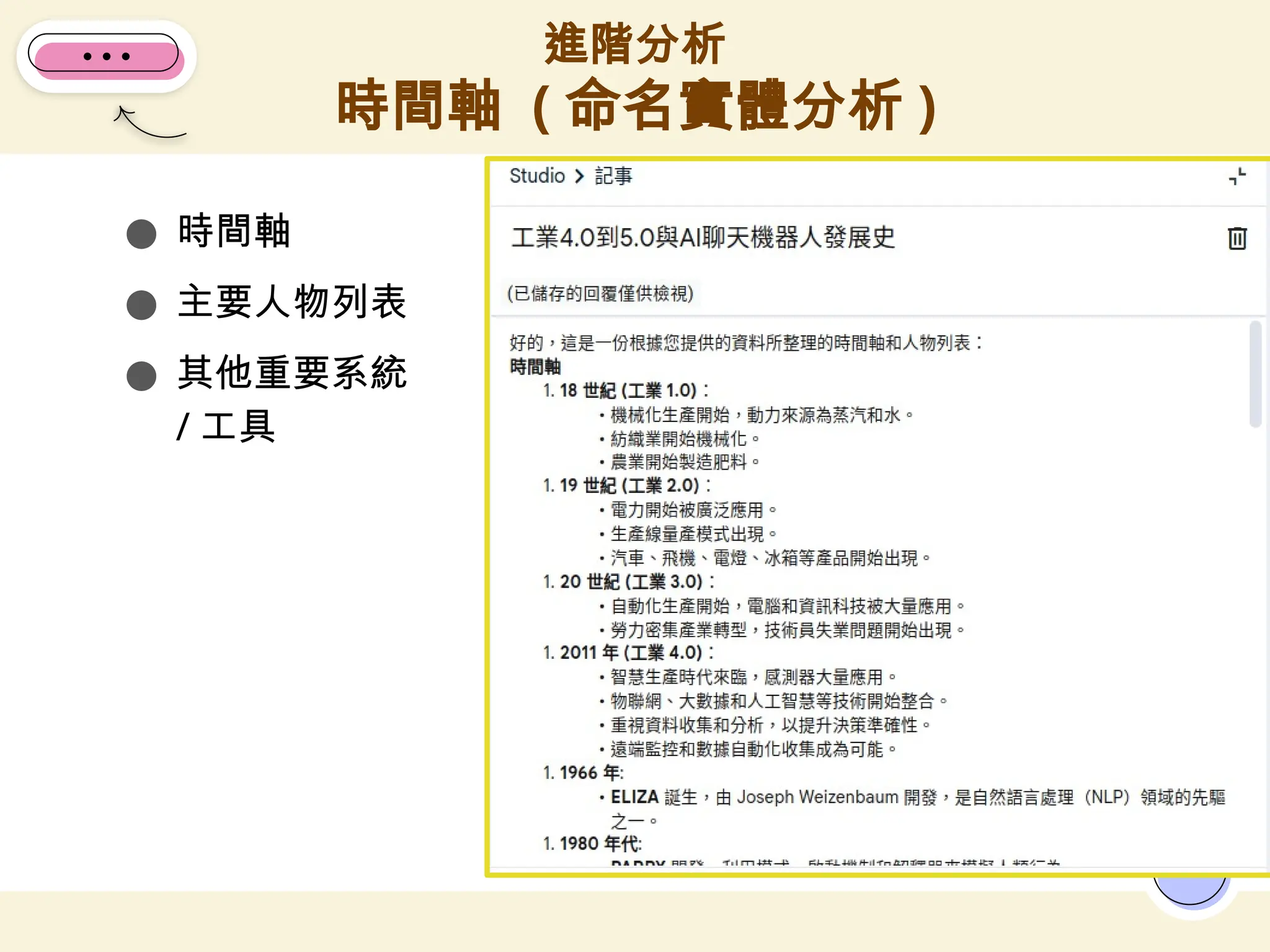 ● 時間軸
● 主要人物列表
● 其他重要系統
/ 工具
進階分析
時間軸 ( 命名實體分析 )
11
 