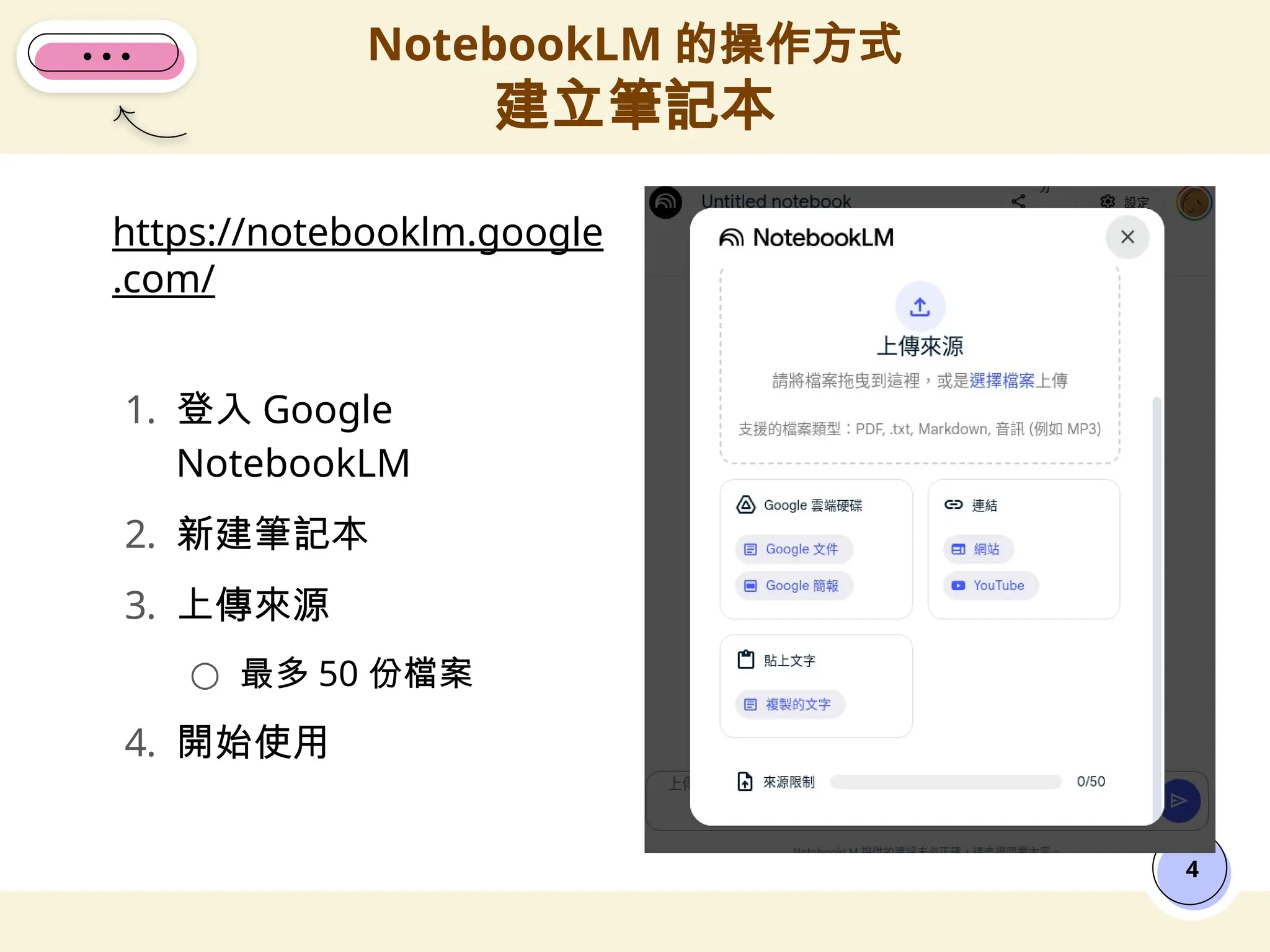 https://notebooklm.google
.com/
1. 登入 Google
NotebookLM
2. 新建筆記本
3. 上傳來源
○ 最多 50 份檔案
4. 開始使用
NotebookLM 的操作方式
建立筆記本
4
 
