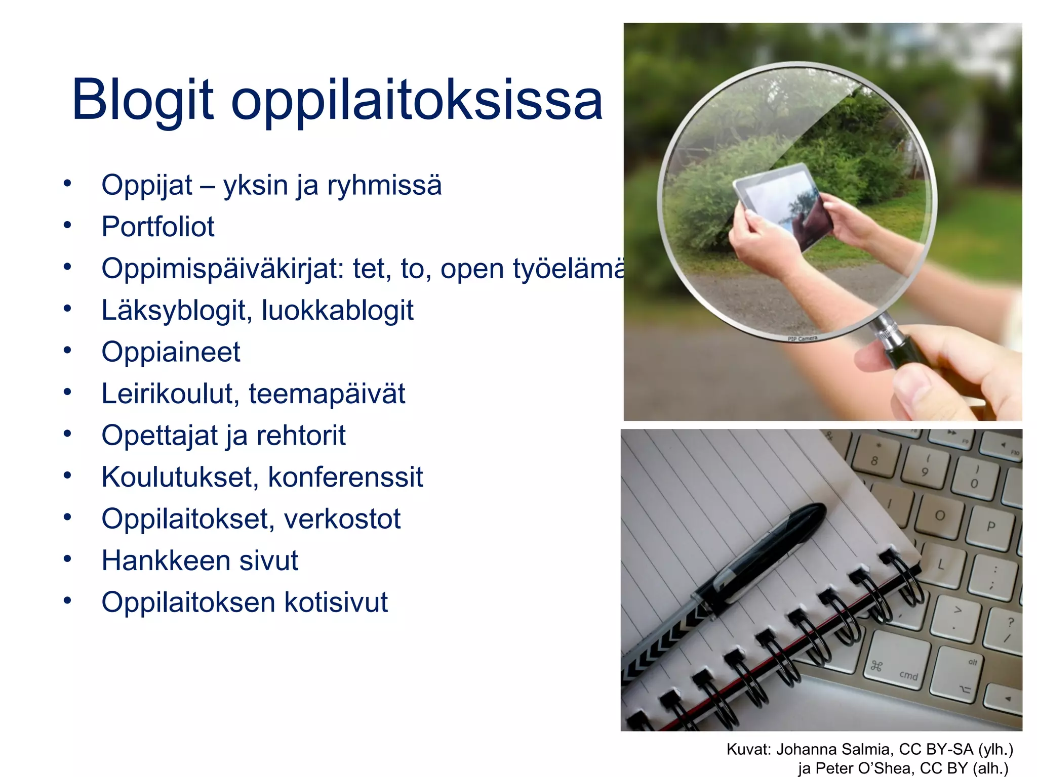 Yleisiä Googlen palveluita
• Google Gmail -sähköposti: mail.google.com
• Google Kalenteri: www.google.com/calendar
– Mahdollisuus jakaa oma kalenteri erilaisin asetuksin
– Saat omat ja tiimien kalenterit näkymään samassa
• Google+: plus.google.com
– Yhteisöpalvelu
– Kuvien kansioiminen ja jakaminen
• Google Play: play.google.com/store?hl=fi
– Sovelluskauppa Android-laitteita varten.
– Muiden laitteiden Google-sovellukset saat niiden omista
sovelluskaupoista.
 