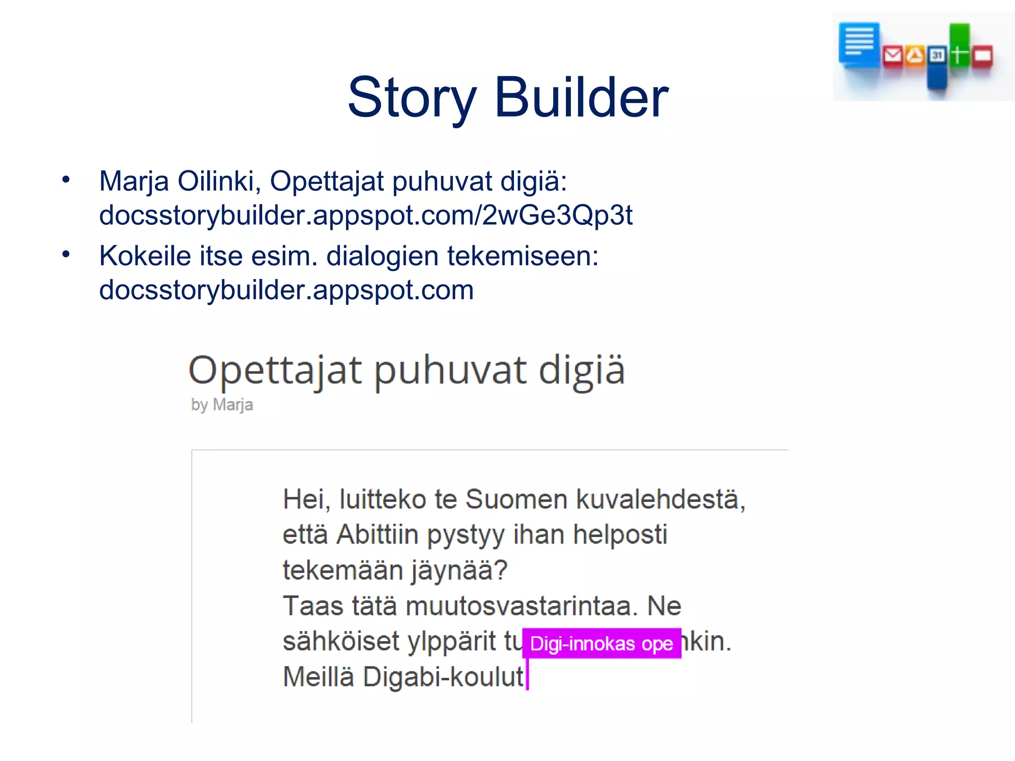 Mindmaps & Drawings
Drivestä löydät ajatuskarttatyökalun lisäksi mm. piirrostyökalun, jolla
silläkin voi tehdä ajatuskarttoja. Piirustuksiin voit esim. tuoda kuvan,
jonka päälle tekee omia merkintöjä.
 