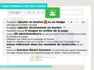 FONCTIONNALITÉS DES PAGES




 -   Possibilité d’ajouter un bouton      ou un badge                          sur
     votre site pour accéder à la page
 -   Possibilité d’ajouter directement un bouton
 -   Possibilité d’ajouter 5 images en entête de la page
 -   Jusqu’à 50 administrateurs qui peuvent recevoir des notifications sur toutes
     les activités de la page.
 -   Intégration des vidéos sur la homepage de Youtube
 -   Quand un utilisateur clique sur le bouton +1 d’un contenu (ou d’une page) il est
     mieux référencé dans les résultats de recherche de ses
     amis
 -   Grâce à la fonction Direct Connect, un internaute peut ajouter directement
     une page marque depuis une recherche google (en tapant + dans la recherche)




     - 16/01/2012                               16
 