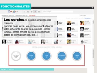FONCTIONNALITÉS



 Les cercles, la gestion simplifiée des
 contacts.
 Comme dans la vie, les contacts sont séparés
 selon différents degrés de proximité (cercle
 familial, cercle amical, cercle professionnel,
 cercle de connaissances, etc…)




    - 16/01/2012                              7
 