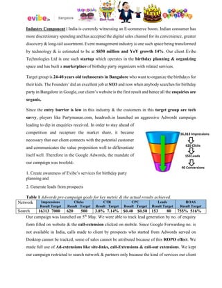 Industry Component | India is currently witnessing an E-commerce boom. Indian consumer has
more discretionary spending and has accepted the digital sales channel for its convenience, greater
discovery & long-tail assortment. Event management industry is one such space being transformed
by technology & is estimated to be at $830 million and YoY growth 14%. Our client Evibe
Technologies Ltd is one such startup which operates in the birthday planning & organizing
space and has built a marketplace of birthday party organizers with related services.
Target group is 24-40 years old technocrats in Bangalore who want to organize the birthdays for
their kids. The Founders’ did an excellent job at SEO and now when anybody searches for birthday
party in Bangalore in Google, our client’s website is the first result and hence all the enquiries are
organic.
Since the entry barrier is low in this industry & the customers in this target group are tech
savvy, players like Partymanao.com, headrush.in launched an aggressive Adwords campaign
leading to dip in enquiries received. In order to stay ahead of
competition and recapture the market share, it became
necessary that our client connects with the potential customer
and communicates the value proposition well to differentiate
itself well. Therefore in the Google Adwords, the mandate of
our campaign was twofold-
1. Create awareness of Evibe’s services for birthday party
planning and
2. Generate leads from prospects
Table 1 Adwords pre-campaign goals for key metric & the actual results achieved.
Network Impressions
Result Target
Clicks
Result Target
CTR
Result Target
CPC
Result Target
Leads
Result Target
ROAS
Result Target
Search 16313 7000 620 500 3.8% 7.14% $0.40 $0.50 153 80 755% 516%
Our campaign was launched on 5th
May. We were able to track lead generation by no. of enquiry
form filled on website & the call-extension clicked on mobile. Since Google Forwarding no. is
not available in India, calls made to client by prospects who started from Adwords served on
Desktop cannot be tracked, some of sales cannot be attributed because of this ROPO effect. We
made full use of Ad-extensions like site-links, call-Extensions & call-out extensions. We kept
our campaign restricted to search network & partners only because the kind of services our client
16,313 Impressions
620 Clicks
153 Leads
40 Conversions
 