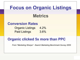 Focus on Organic Listings
Conversion Rates
Organic Listings 4.2%
Paid Listings 3.6%
Organic clicked 5x more than PPC
From “Marketing Sherpa” - Search Marketing Benchmark Survey 2005
Metrics
 