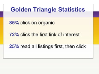 Golden Triangle Statistics
85% click on organic
72% click the first link of interest
25% read all listings first, then click
 