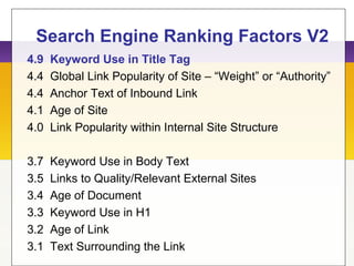Search Engine Ranking Factors V2
4.9 Keyword Use in Title Tag
4.4 Global Link Popularity of Site – “Weight” or “Authority”
4.4 Anchor Text of Inbound Link
4.1 Age of Site
4.0 Link Popularity within Internal Site Structure
3.7 Keyword Use in Body Text
3.5 Links to Quality/Relevant External Sites
3.4 Age of Document
3.3 Keyword Use in H1
3.2 Age of Link
3.1 Text Surrounding the Link
 