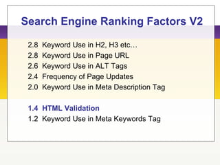 Search Engine Ranking Factors V2
2.8 Keyword Use in H2, H3 etc…
2.8 Keyword Use in Page URL
2.6 Keyword Use in ALT Tags
2.4 Frequency of Page Updates
2.0 Keyword Use in Meta Description Tag
1.4 HTML Validation
1.2 Keyword Use in Meta Keywords Tag
 