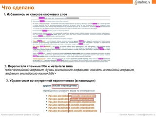 Что сделано
1. Избавились от списков ключевых слов
2. Переписали спамные title и мета-теги типа
<title>Английский алфавит, буквы английского алфавита, скачать английский алфавит,
алфавит английского языка</title>
3. Убрали спам во внутренней перелинковке (в навигации)
 