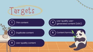 Targets
1 Thin content
2 Duplicate content
3 Low-quality content
4
Content farming
5
Low-quality user-
generated content (UGC)
 