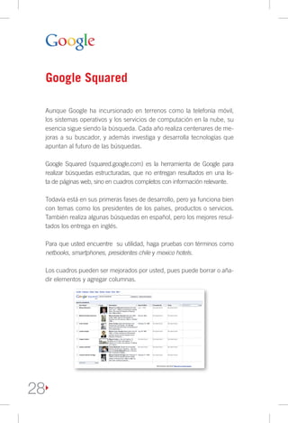 Google Squared

 Aunque Google ha incursionado en terrenos como la telefonía móvil,
 los sistemas operativos y los servicios de computación en la nube, su
 esencia sigue siendo la búsqueda. Cada año realiza centenares de me-
 joras a su buscador, y además investiga y desarrolla tecnologías que
 apuntan al futuro de las búsquedas.

 Google Squared (squared.google.com) es la herramienta de Google para
 realizar búsquedas estructuradas, que no entregan resultados en una lis-
 ta de páginas web, sino en cuadros completos con información relevante.

 Todavía está en sus primeras fases de desarrollo, pero ya funciona bien
 con temas como los presidentes de los países, productos o servicios.
 También realiza algunas búsquedas en español, pero los mejores resul-
 tados los entrega en inglés.

 Para que usted encuentre su utilidad, haga pruebas con términos como
 netbooks, smartphones, presidentes chile y mexico hotels.

 Los cuadros pueden ser mejorados por usted, pues puede borrar o aña-
 dir elementos y agregar columnas.




28
 
