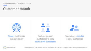 1 | Digital Marketing | 3 | 4 | 5 | 6 | 7 | 8 | 9 | 10
Customer match
Target customers
that you know
Exclude current
customers to only
reach new customers
Reach users similar
to your customers
 