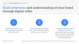 1 | 2 | 3 | 4 | Content Marketing | 6 | 7 | 8 | 9 | 10
Build awareness and understanding of your brand
through digital video
Think beyond just entertaining
video - build content that educates
and informs your consumer.
Increment the reach of your
brand awareness through the
scale of YouTube.
Leverage the existing trusted
reputation of YouTube
personalities who have already
built a community of subscribers,
and are willing to partner with
brands they align with.
1 2 3
 