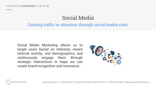 Social Media
Gaining traffic or attention through social media sites.
1 | 2 | 3 | 4 | 5 | Social Media | 7 | 8 | 9 | 10
Social Media Marketing allows us to
target users based on interests, recent
internet activity, and demographics; and
continuously engage them through
strategic interactions in hope we can
create brand recognition and resonance.
 