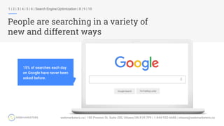 1 | 2 | 3 | 4 | 5 | 6 | Search Engine Optimization | 8 | 9 | 10
People are searching in a variety of
new and different ways
15% of searches each day
on Google have never been
asked before.
Google Search I’m Feeling Lucky
 