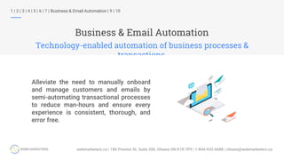 Business & Email Automation
Technology-enabled automation of business processes &
transactions.
1 | 2 | 3 | 4 | 5 | 6 | 7 | Business & Email Automation | 9 | 10
Alleviate the need to manually onboard
and manage customers and emails by
semi-automating transactional processes
to reduce man-hours and ensure every
experience is consistent, thorough, and
error free.
 