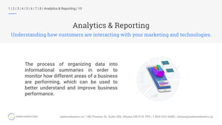 Analytics & Reporting
Understanding how customers are interacting with your marketing and technologies.
1 | 2 | 3 | 4 | 5 | 6 | 7 | 8 | Analytics & Reporting | 10
The process of organizing data into
informational summaries in order to
monitor how different areas of a business
are performing, which can be used to
better understand and improve business
performance.
 