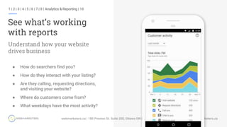 1 | 2 | 3 | 4 | 5 | 6 | 7 | 8 | Analytics & Reporting | 10
See what’s working
with reports
● How do searchers find you?
● How do they interact with your listing?
● Are they calling, requesting directions,
and visiting your website?
● Where do customers come from?
● What weekdays have the most activity?
Understand how your website
drives business
 