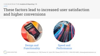 These factors lead to increased user satisfaction
and higher conversions
Design and
Functionality
Speed and
Performance
1 | 2 | 3 | 4 | 5 | 6 | 7 | 8 | Analytics & Reporting | 10
 