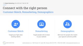 Customer Match Remarketing Demographics
Target your high value
existing clients
Target people who’ve been
to your website
Bid more for people who match
your typical customer profile
1 | Digital Marketing | 3 | 4 | 5 | 6 | 7 | 8 | 9 | 10
Connect with the right person
Customer Match, Remarketing, Demographics
 