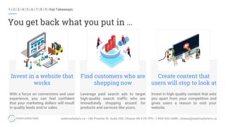 You get back what you put in …
With a focus on conversions and user
experience, you can feel confident
that your marketing dollars will result
in quality leads and/or sales.
Invest in a website that
works
Leverage paid search ads to target
high-quality search traffic who are
immediately shopping around for
products and services like yours.
Find customers who are
shopping now
Invest in high-quality content that sets
you apart from your competition and
gives users a reason to visit your
website.
Create content that
users will stop to look at
1 | 2 | 3 | 4 | 5 | 6 | 7 | 8 | 9 | Key Takeaways
 