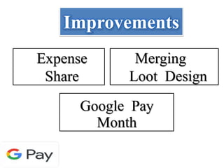Improvements
Expense
Share
Merging
Loot Design
Google Pay
Month
 
