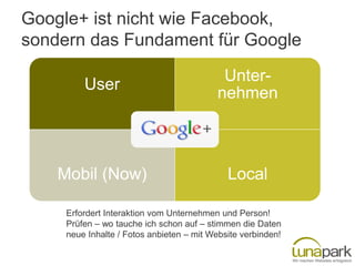 Google+ ist nicht wie Facebook,
sondern das Fundament für Google
User

Unternehmen

Mobil (Now)

Local

Erfordert Interaktion vom Unternehmen und Person!
Prüfen – wo tauche ich schon auf – stimmen die Daten
neue Inhalte / Fotos anbieten – mit Website verbinden!

 