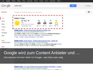 Google wird zum Content Anbieter und …
Informationen kommen direkt von Google – kein Klick mehr nötig

 