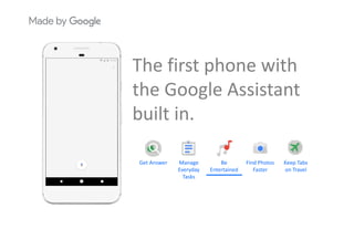 The first phone withThe first phone with 
the Google Assistant g
built in.
Get Answer Manage 
Everyday 
Tasks
Find Photos 
Faster
Be 
Entertained
Keep Tabs 
on Travel
 