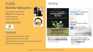 Community
Video Market Corporation
執⾏役員 VP of Engineering
Product Manager
Twitter: @ns_twt
Writing
Namito Satoyama
Profile
⿊帯エンジニアが教えるプロの技術
Android開発の教科書
(共著︓SB Creative)
ステップバイステップで⼒がつく
Googleアシスタント
アプリ開発⼊⾨
(共著︓ソシム)
Speaker
Developers Summit 2019 / 2017
Interop Tokyo Conference 2018
Android Bazaar and Conference 2019 Spring…etc
GDG DevFest Tokyo 2016
Copyright (C) 2019 Namito.Satoyama. All Rights Reserved. 無断引⽤・転載禁⽌
 