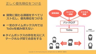 Copyright (C) 2019 Namito.Satoyama. All Rights Reserved. 無断引⽤・転載禁⽌
n 開発に関わる課題をすべてリ
スト化し、優先順位をつける
n ⼀定のタイムボックス内では
ToDoを組み替えない
n タイムボックスの存在を元にス
テークホルダ間で合意をする
ビジネス
課題
カスタマ
ー課題
開発課題
バックログ
ToDo
不可侵
組織外
ステークホルダ
合意合意
正しく優先順位をつける
 