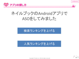 Copyright © Spika Inc. 2014 all rights reserved. 
confidential 
11 
アプリの探し方 
ネイルブックのAndroidアプリで 
ASOをしてみました 
検索ランキングを上げる 
人気ランキングを上げる 
 