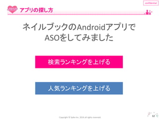 Copyright © Spika Inc. 2014 all rights reserved. 
confidential 
12 
アプリの探し方 
ネイルブックのAndroidアプリで 
ASOをしてみました 
検索ランキングを上げる 
人気ランキングを上げる 
 