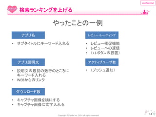 やったことの一例 
• サブタイトルにキーワード入れる 
• レビュー催促機能 
• レビューへの返信 
• （+1ボタンの設置） 
Copyright © Spika Inc. 2014 all rights reserved. 
confidential 
13 
検索ランキングを上げる 
アプリ名 
アプリ説明文 
• 説明文の最初の数行のところに 
キーワード入れる 
• WEBからのリンク 
ダウンロード数 
• キャプチャ画像を横にする 
• キャプチャ画像に文字入れる 
レビュー・レーティング 
アクティブユーザ数 
• （プッシュ通知） 
 