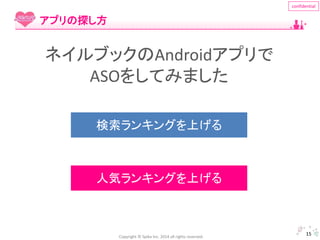 Copyright © Spika Inc. 2014 all rights reserved. 
confidential 
15 
アプリの探し方 
ネイルブックのAndroidアプリで 
ASOをしてみました 
検索ランキングを上げる 
人気ランキングを上げる 
 