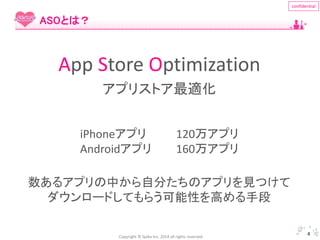 iPhoneアプリ120万アプリ 
Androidアプリ160万アプリ 
Copyright © Spika Inc. 2014 all rights reserved. 
confidential 
4 
ASOとは？ 
App Store Optimization 
アプリストア最適化 
数あるアプリの中から自分たちのアプリを見つけて 
ダウンロードしてもらう可能性を高める手段 
 