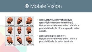 Mobile Vision
• getIsLeftEyeOpenProbability() 
getIsRighteyeOpenProbability() 
Retorna um valor entre 0 e 1 dando a
probabilidade de olho esquerdo estar
aberto.
• getIsSmilingProbability() 
Retorna um valor entre 0 e 1 com a
probabilidade de estar sorrindo.
 
