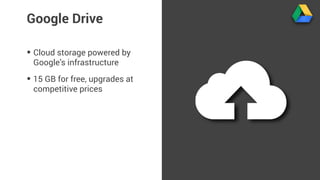 Google Drive 
• Cloud storage powered by 
Google’s infrastructure 
• 15 GB for free, upgrades at 
competitive prices 
 