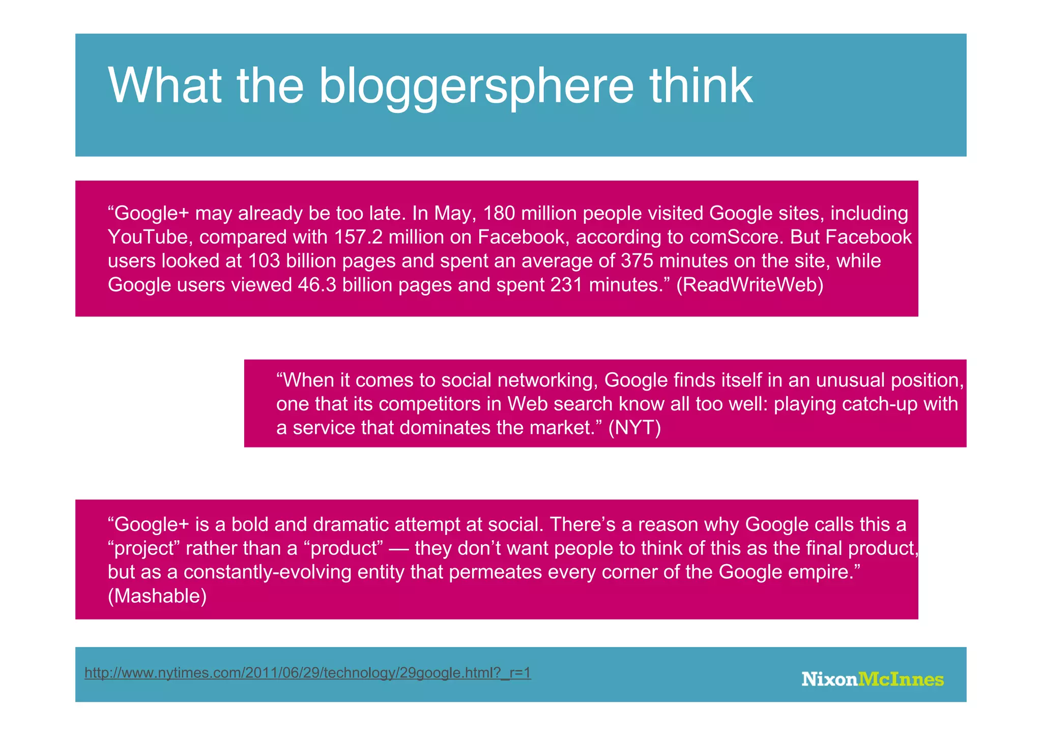 What the bloggersphere think

   “Google+ may already be too late. In May, 180 million people visited Google sites, including
   YouTube, compared with 157.2 million on Facebook, according to comScore. But Facebook
   users looked at 103 billion pages and spent an average of 375 minutes on the site, while
   Google users viewed 46.3 billion pages and spent 231 minutes.” (ReadWriteWeb)



                           “When it comes to social networking, Google finds itself in an unusual position,
                           one that its competitors in Web search know all too well: playing catch-up with
                           a service that dominates the market.” (NYT)



   “Google+ is a bold and dramatic attempt at social. There’s a reason why Google calls this a
   “project” rather than a “product” — they don’t want people to think of this as the final product,
   but as a constantly-evolving entity that permeates every corner of the Google empire.”
   (Mashable)


http://www.nytimes.com/2011/06/29/technology/29google.html?_r=1
 