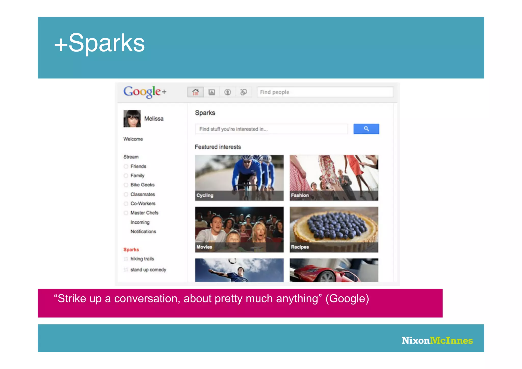 +Sparks




“Strike up a conversation, about pretty much anything” (Google)
 