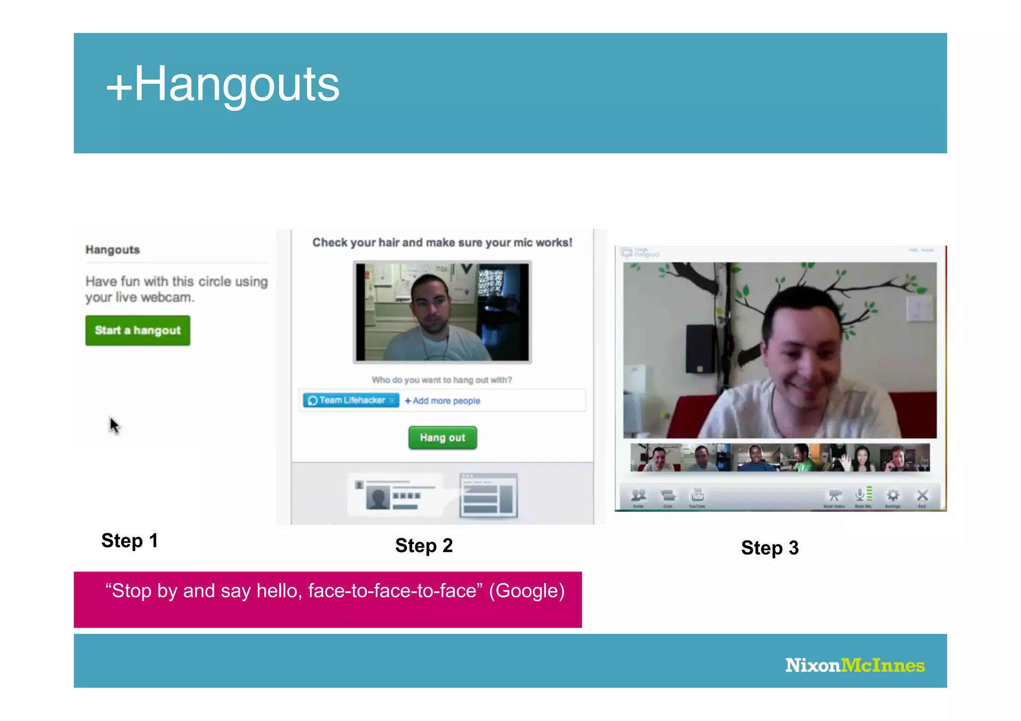 +Hangouts




Step 1                            Step 2                 Step 3

“Stop by and say hello, face-to-face-to-face” (Google)
 